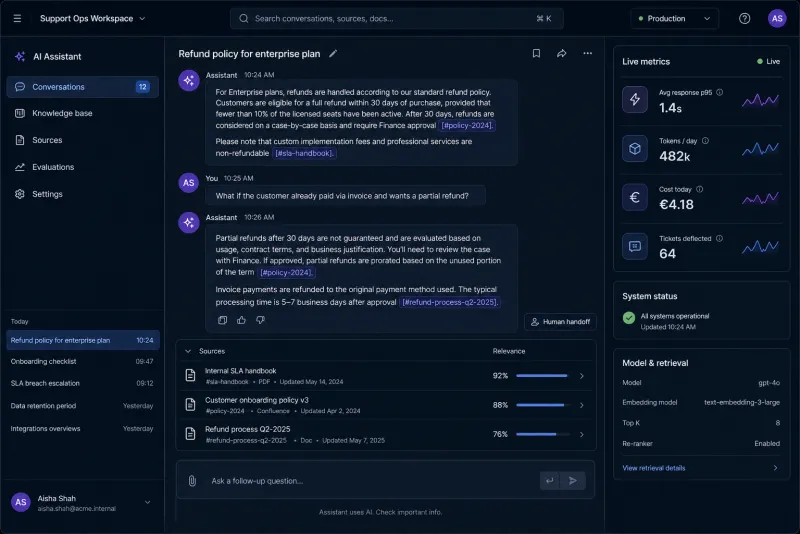 Captura conceptual de un asistente IA interno: hilo de conversación con citas a documentos fuente, fuentes con porcentaje de relevancia, métricas en vivo (latencia p95, tokens/día, coste hoy, tickets desviados) y opción de escalado a humano.
