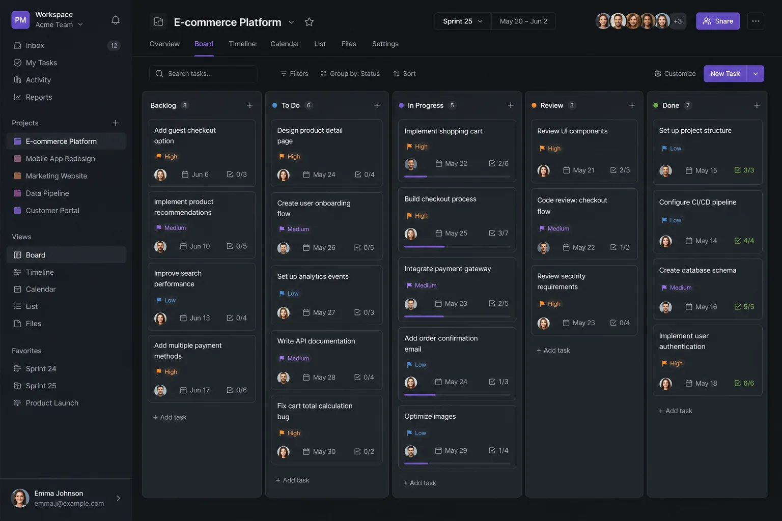 Maqueta de gestión de proyectos con tablero kanban, sprints, tareas con etiquetas y responsables.